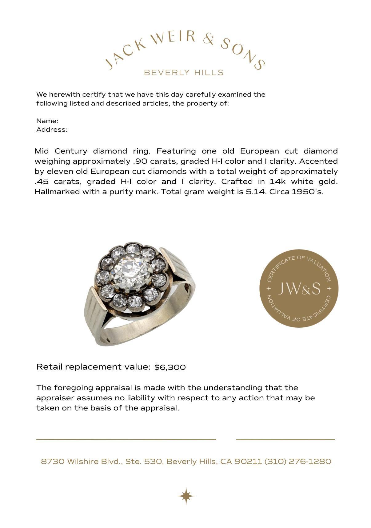 De las mujeres Anillo en racimo de oro blanco de 14k con diamantes de mediados de siglo en venta