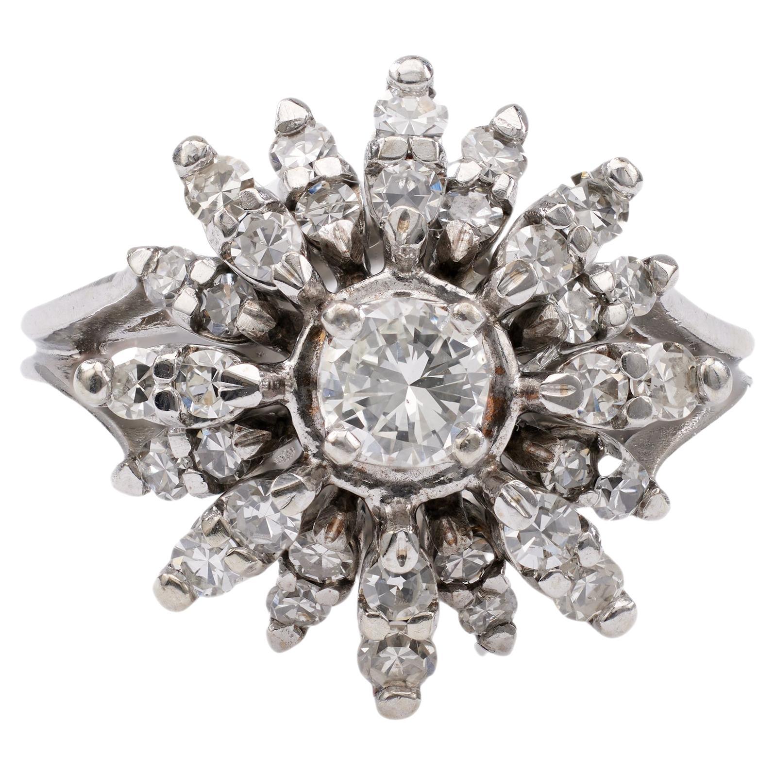 Mid-Century Diamond 14k White Gold Cluster Ring For Sale