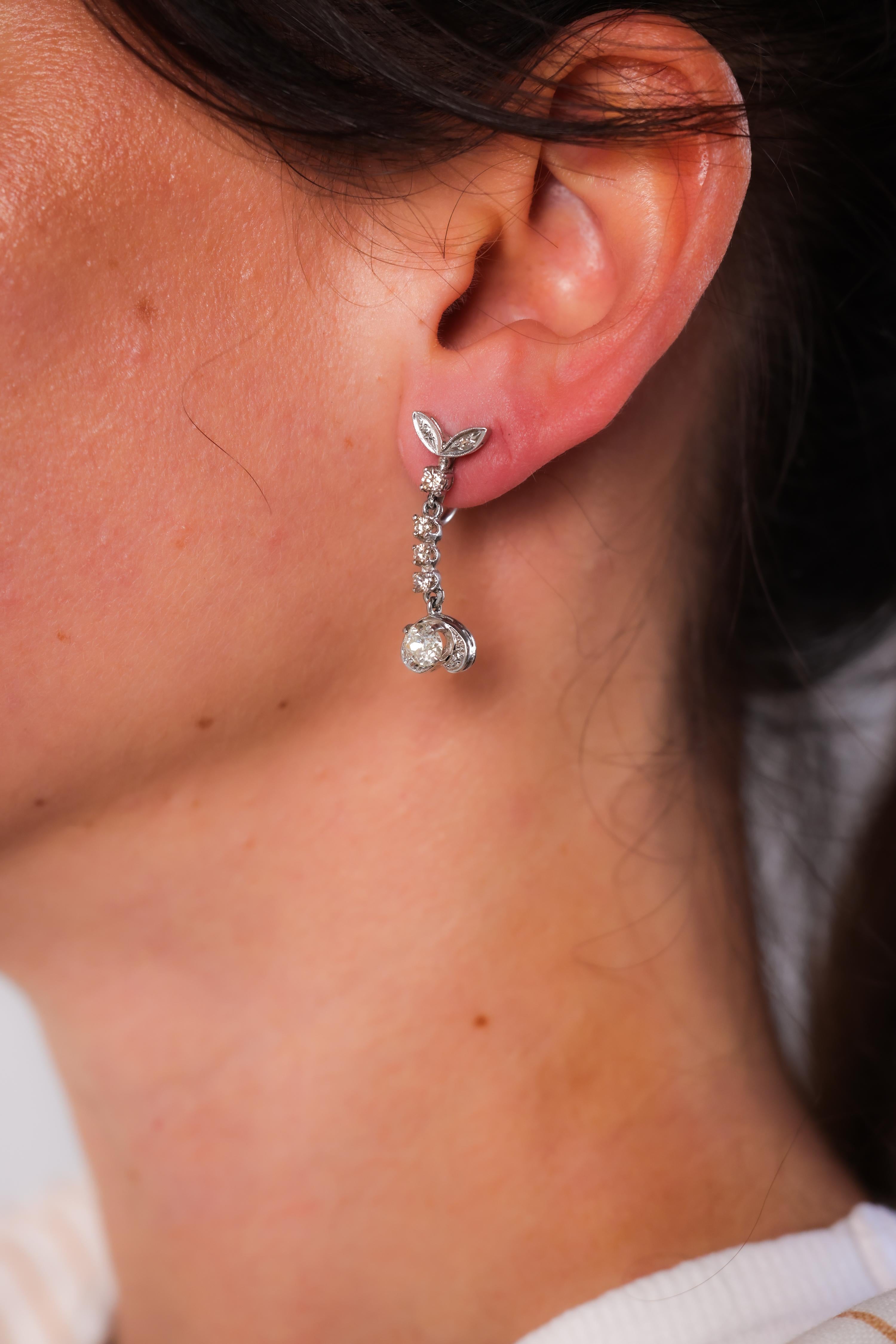 Old European Cut Mid Century Diamond 14K White Gold Earrings