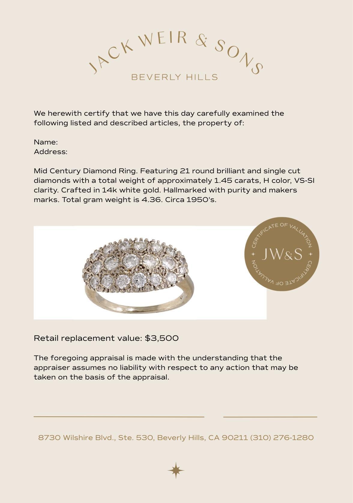 De las mujeres Mid Century diamond 14k white gold ring en venta