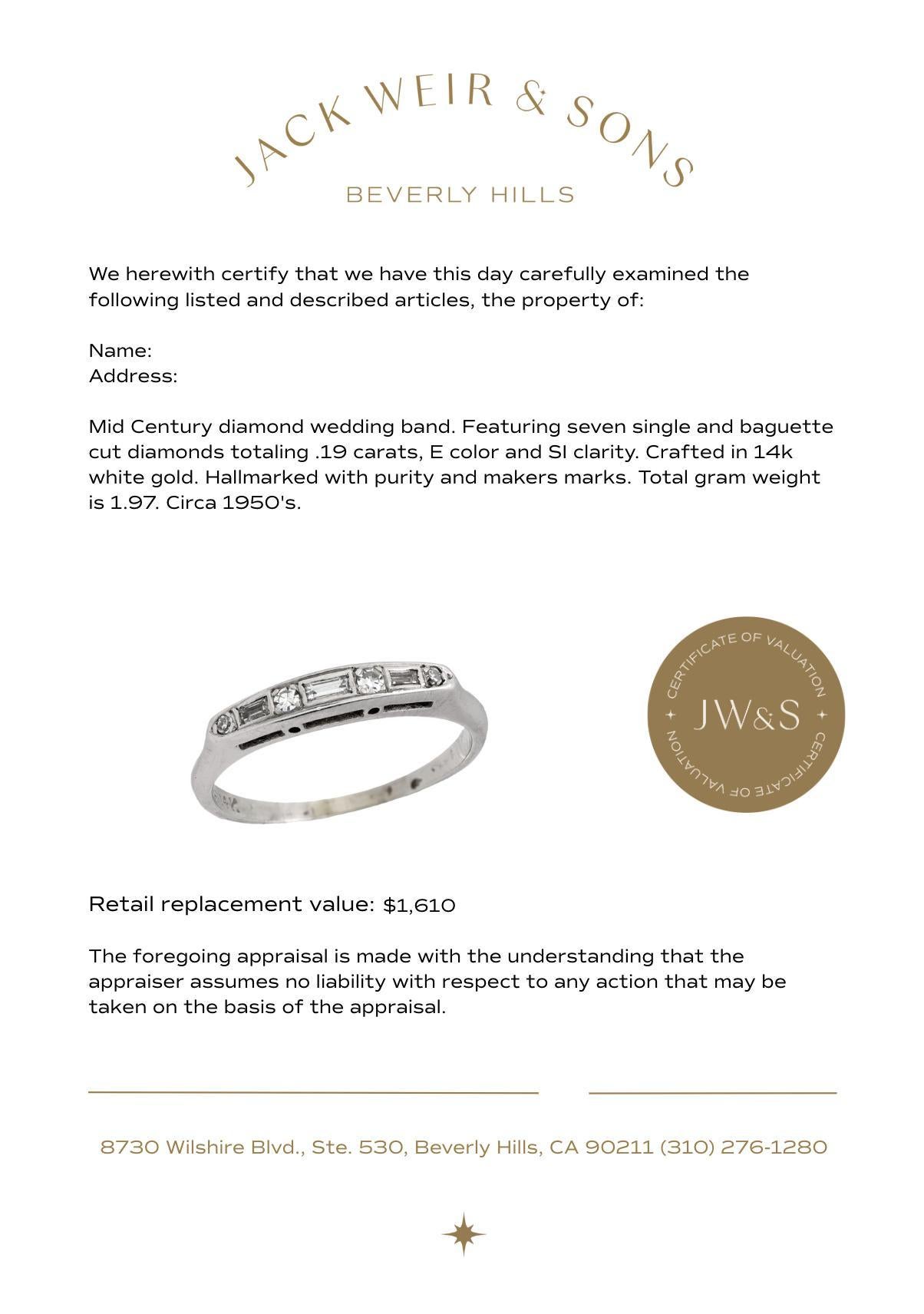 Mid Century diamond 14k white gold wedding band en Bueno estado para la venta en Beverly Hills, CA