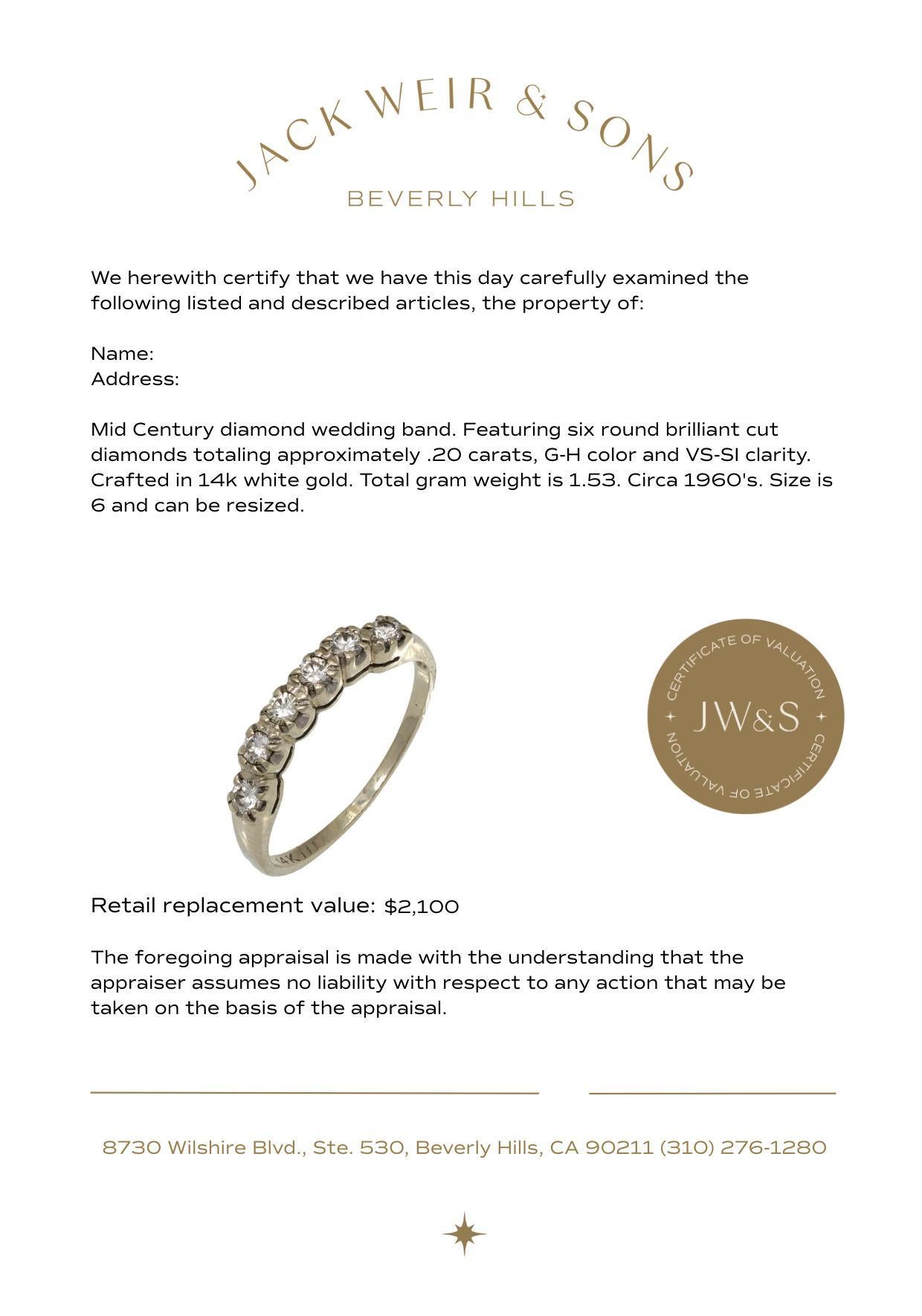 De las mujeres Mid Century diamond 14k white gold wedding band en venta