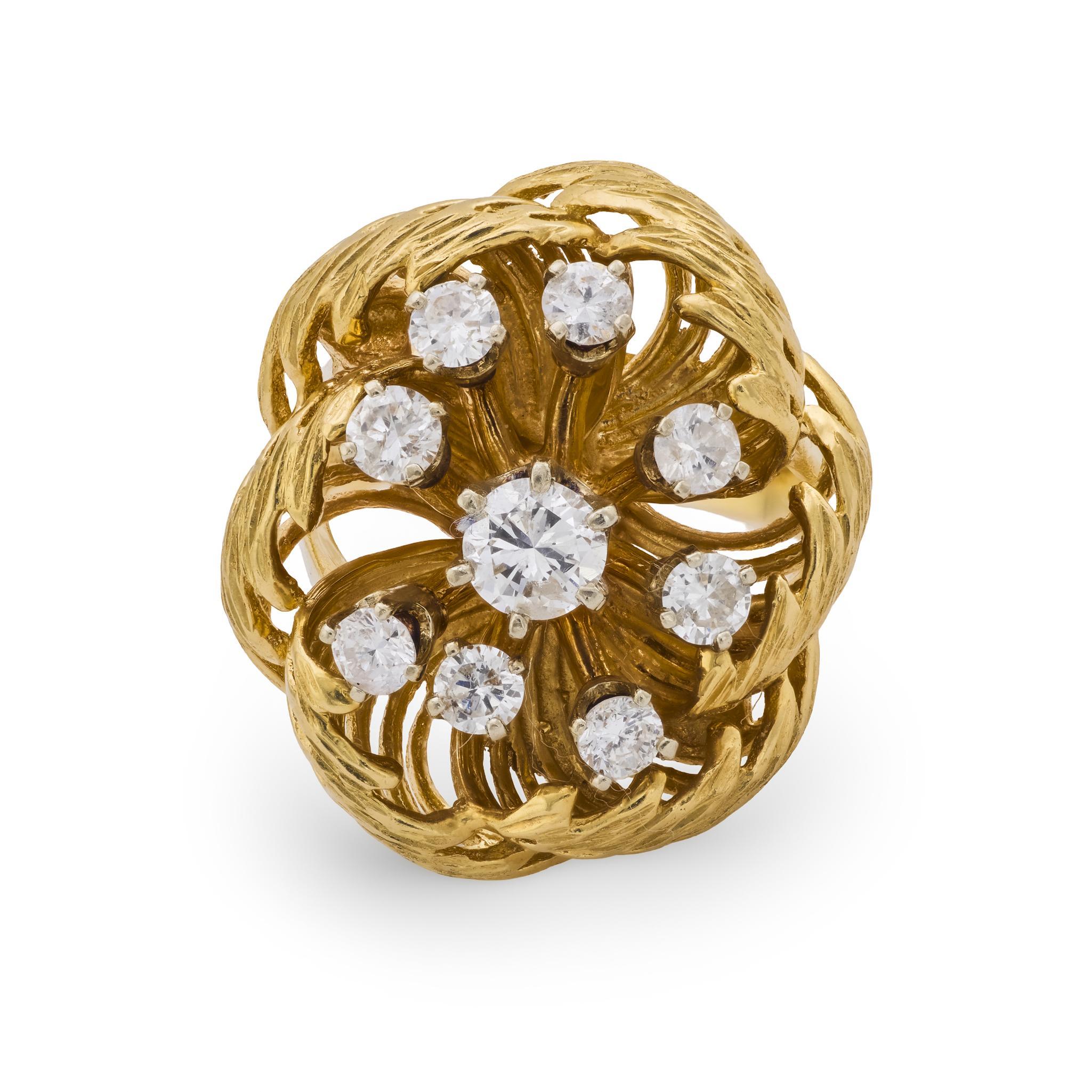 Contemporain Bague de cocktail en or jaune 14k avec diamant du milieu du siècle en vente