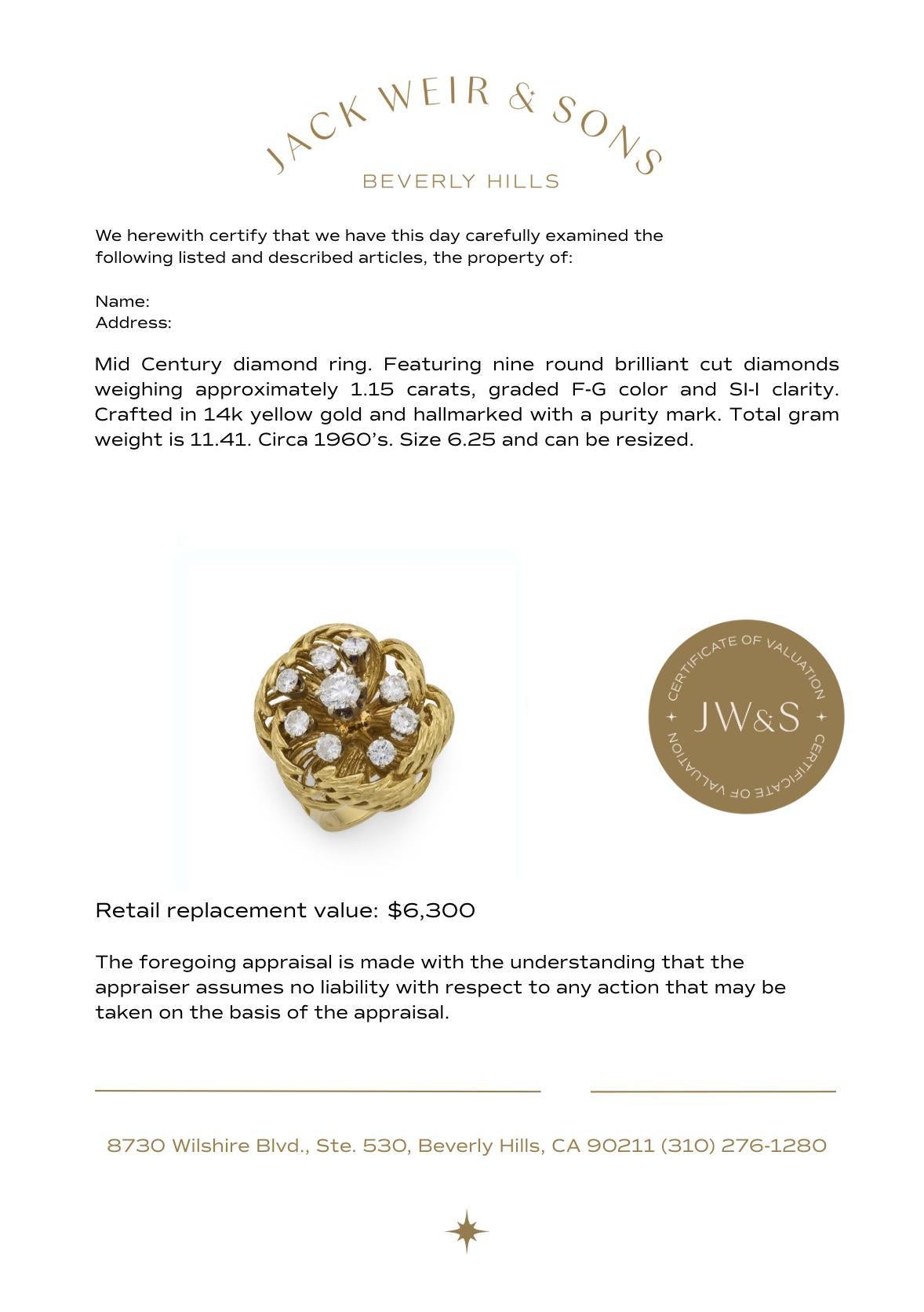 Bague de cocktail en or jaune 14k avec diamant du milieu du siècle en vente 1