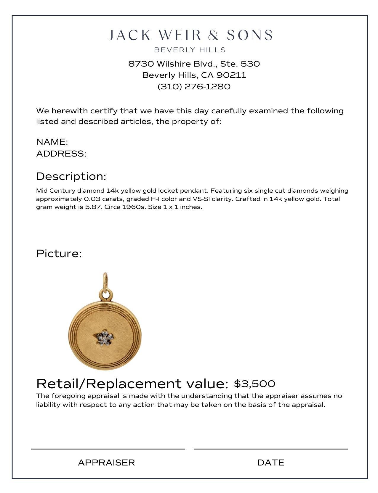 Pendentif médaillon du milieu du siècle en or jaune 14 carats avec diamants Pour femmes en vente