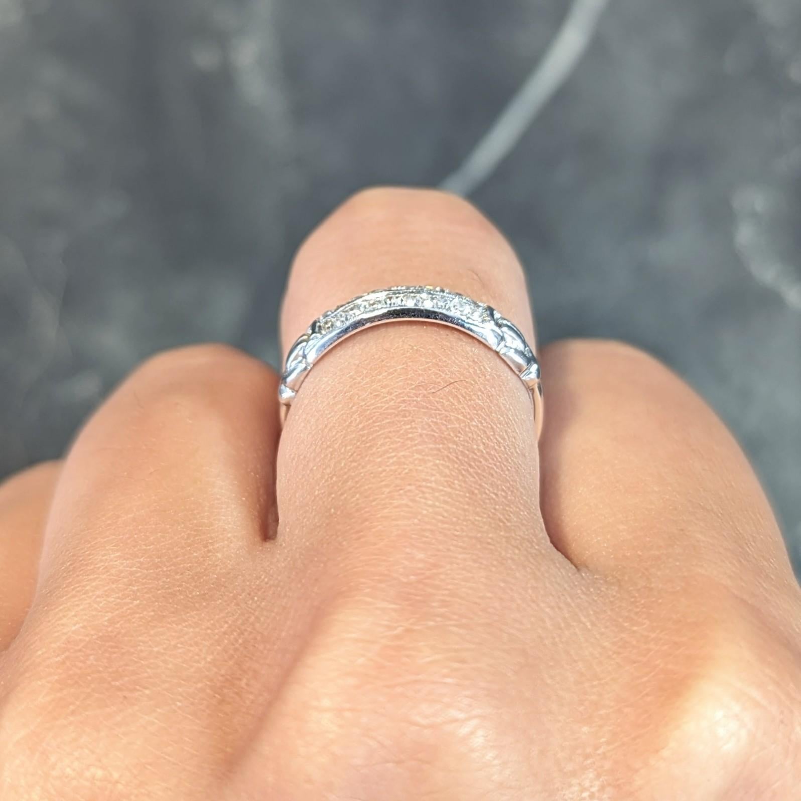 Mid-Century Diamond 18 Karat White Gold Double Row Vintage Buckle Band Ring For Sale 5