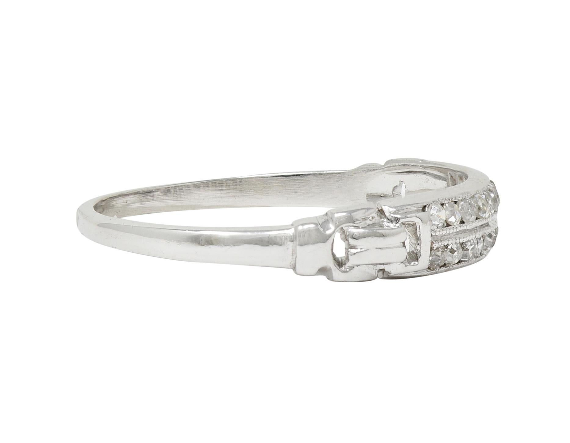 Mid-Century Diamond 18 Karat White Gold Double Row Vintage Buckle Band Ring In Excellent Condition For Sale In Philadelphia, PA