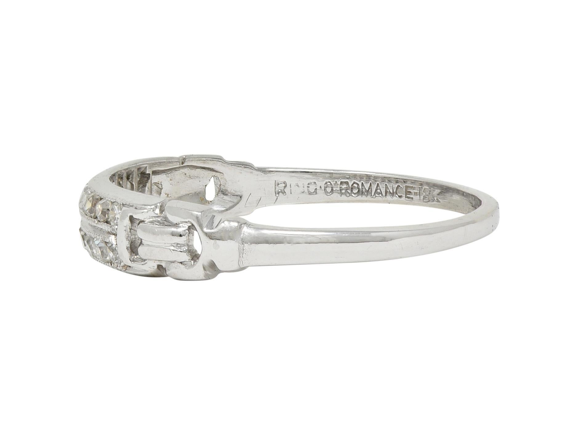 Mid-Century Diamond 18 Karat White Gold Double Row Vintage Buckle Band Ring For Sale 1