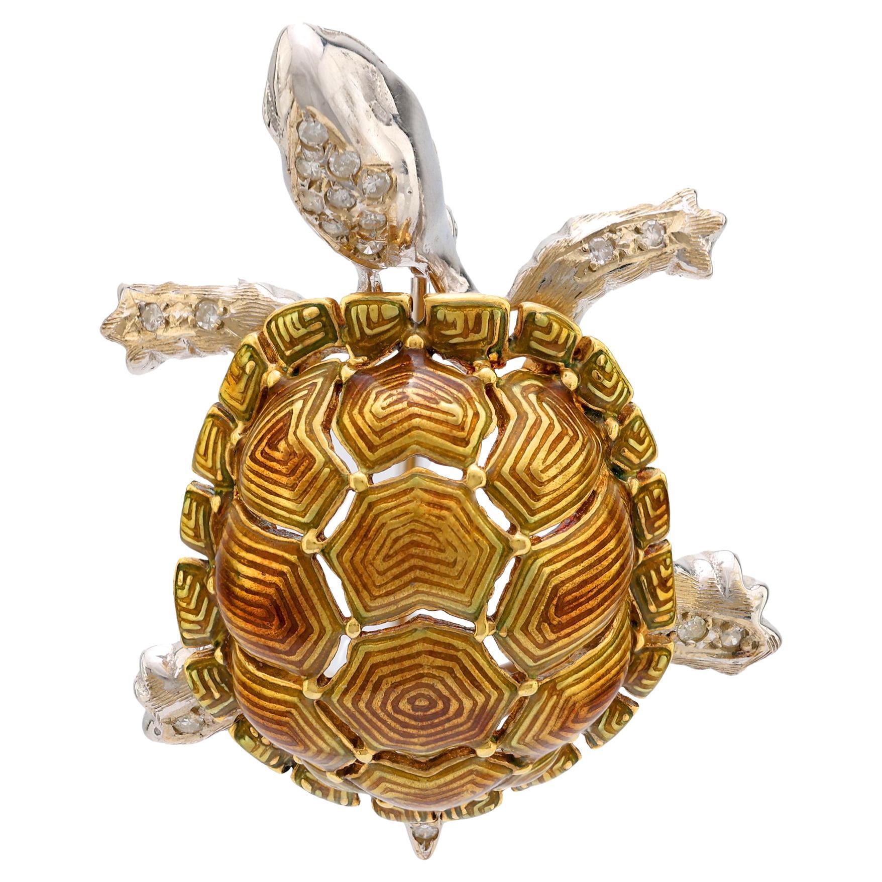 Mid Century diamond 18k gold enamel turtle brooch