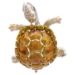 Mid Century diamond 18k gold enamel turtle brooch