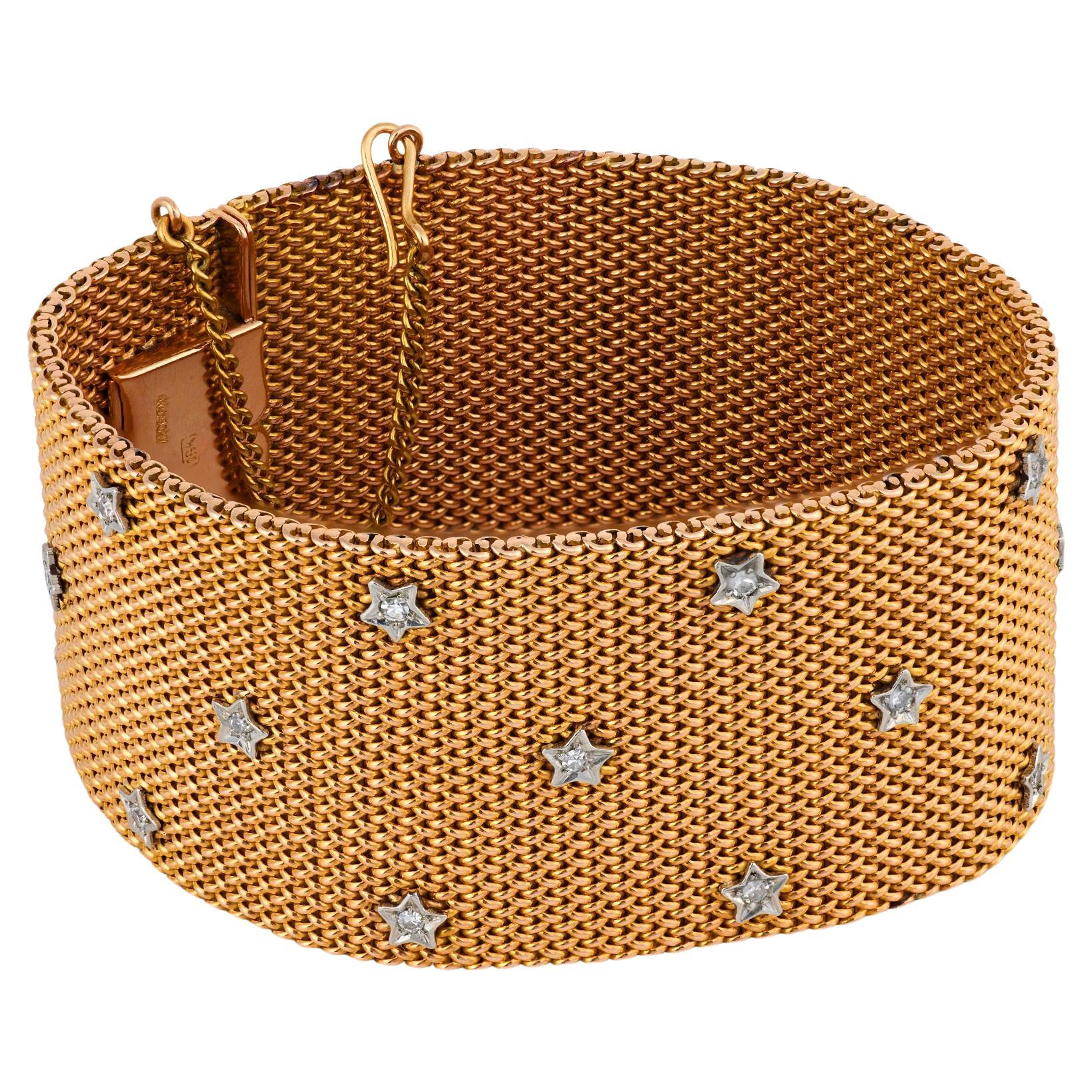 Mid-Century diamond 18k gold mesh starburst bracelet For Sale