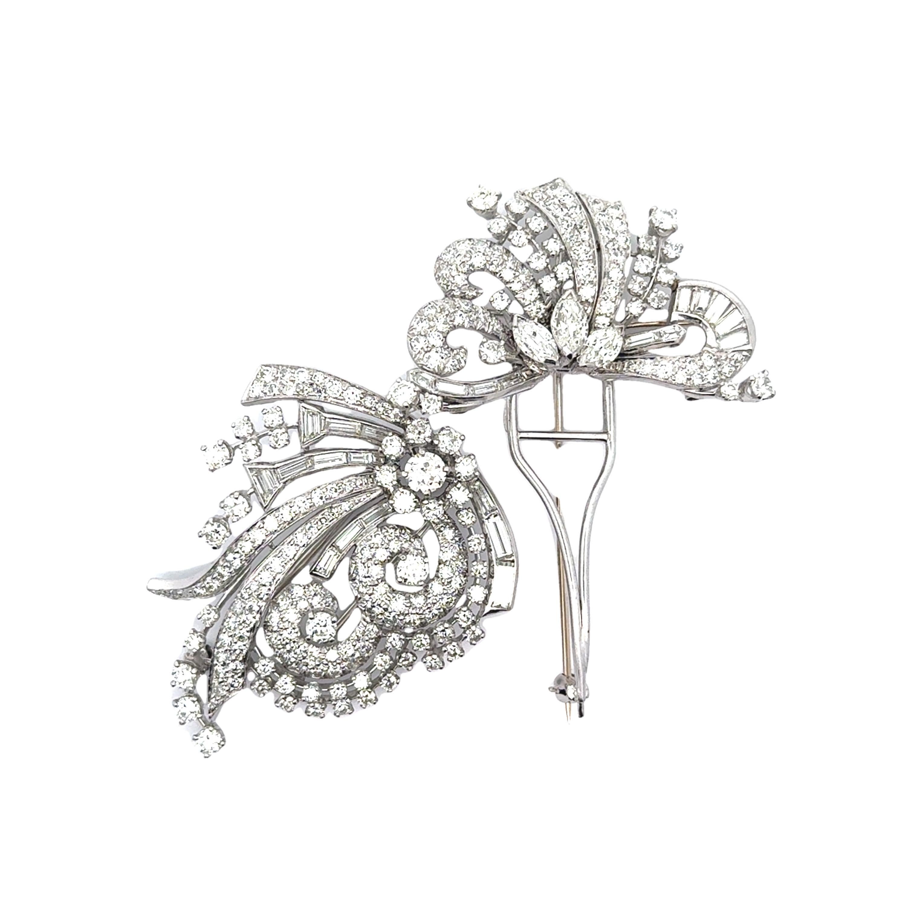 Mixed Cut Mid-Century Diamond 18k White Gold Floral Spray Double-Clip Brooch For Sale