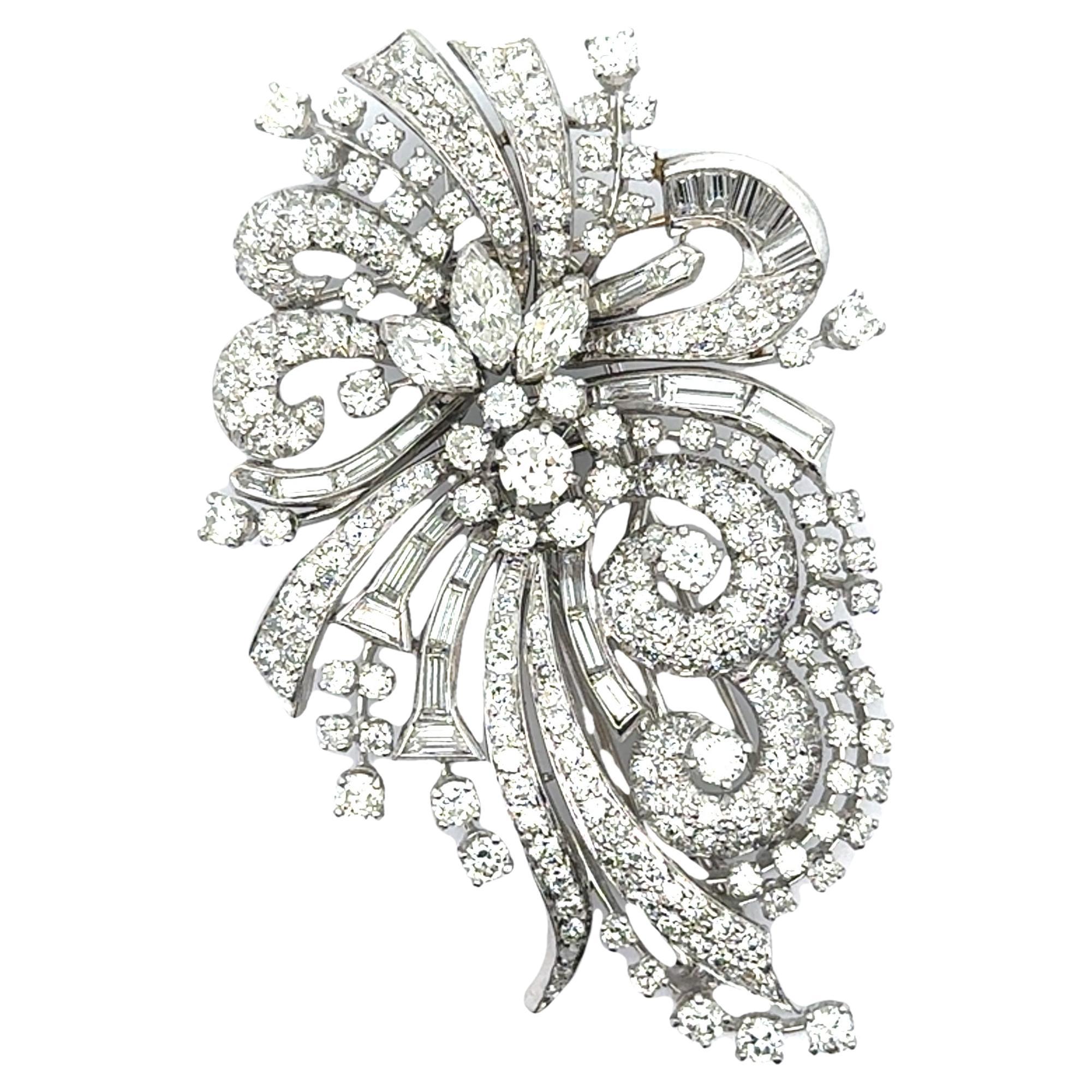 Mid-Century Diamond 18k White Gold Floral Spray Double-Clip Brooch