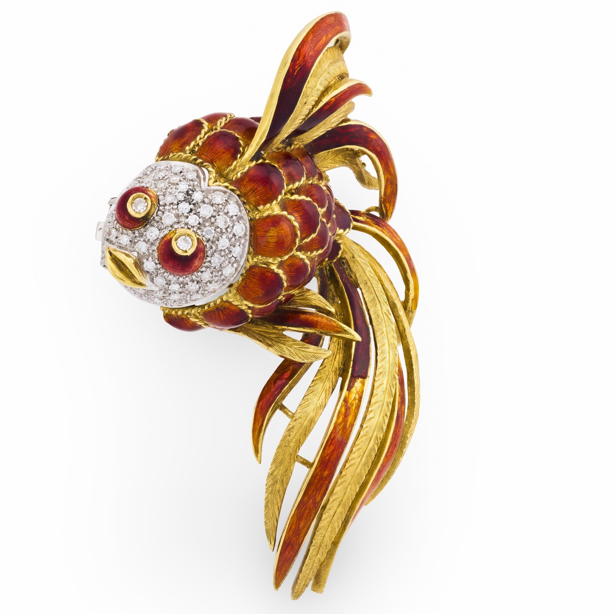 Modern Mid Century diamond 18k yellow gold and enamel giant fish brooch For Sale