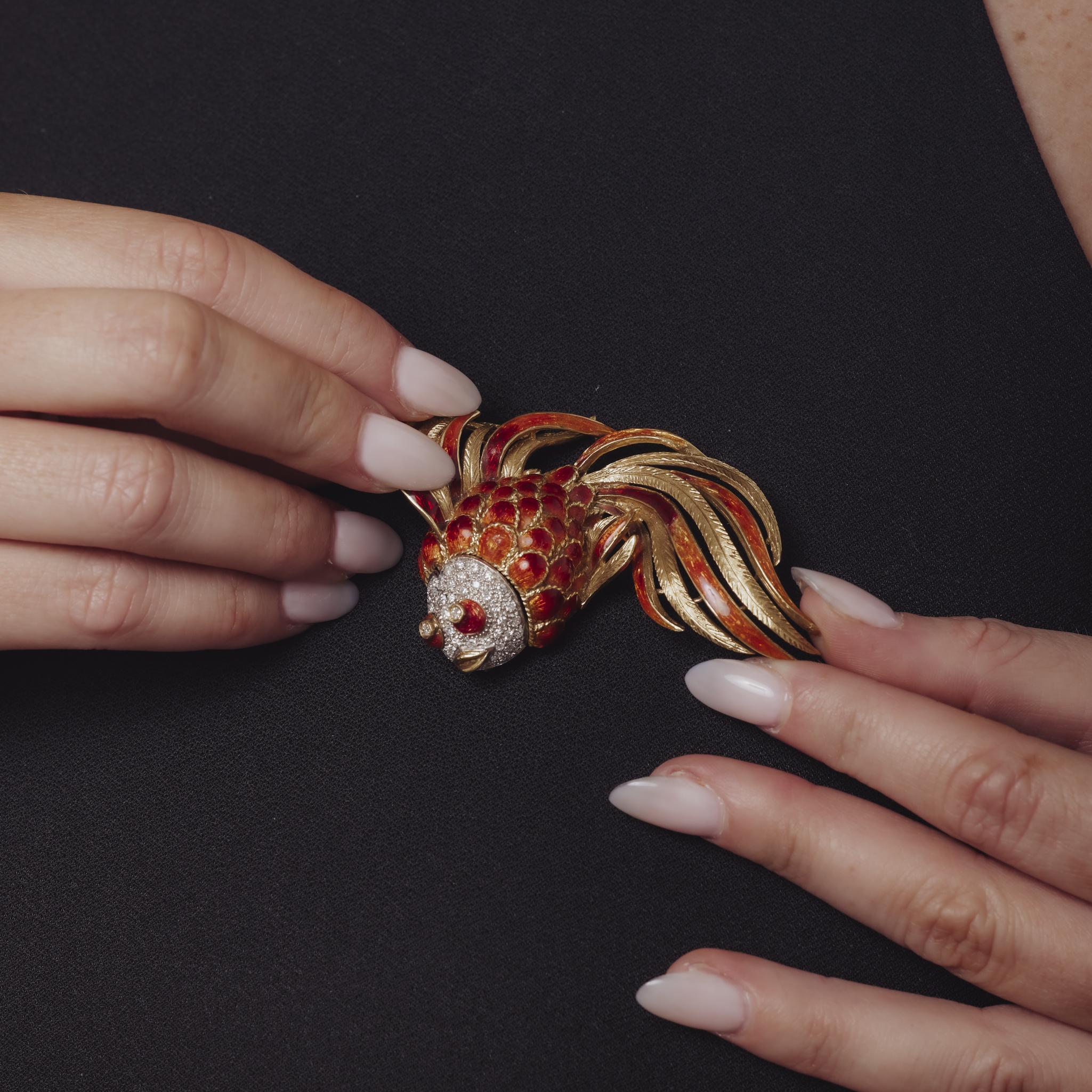 Single Cut Mid Century diamond 18k yellow gold and enamel giant fish brooch For Sale