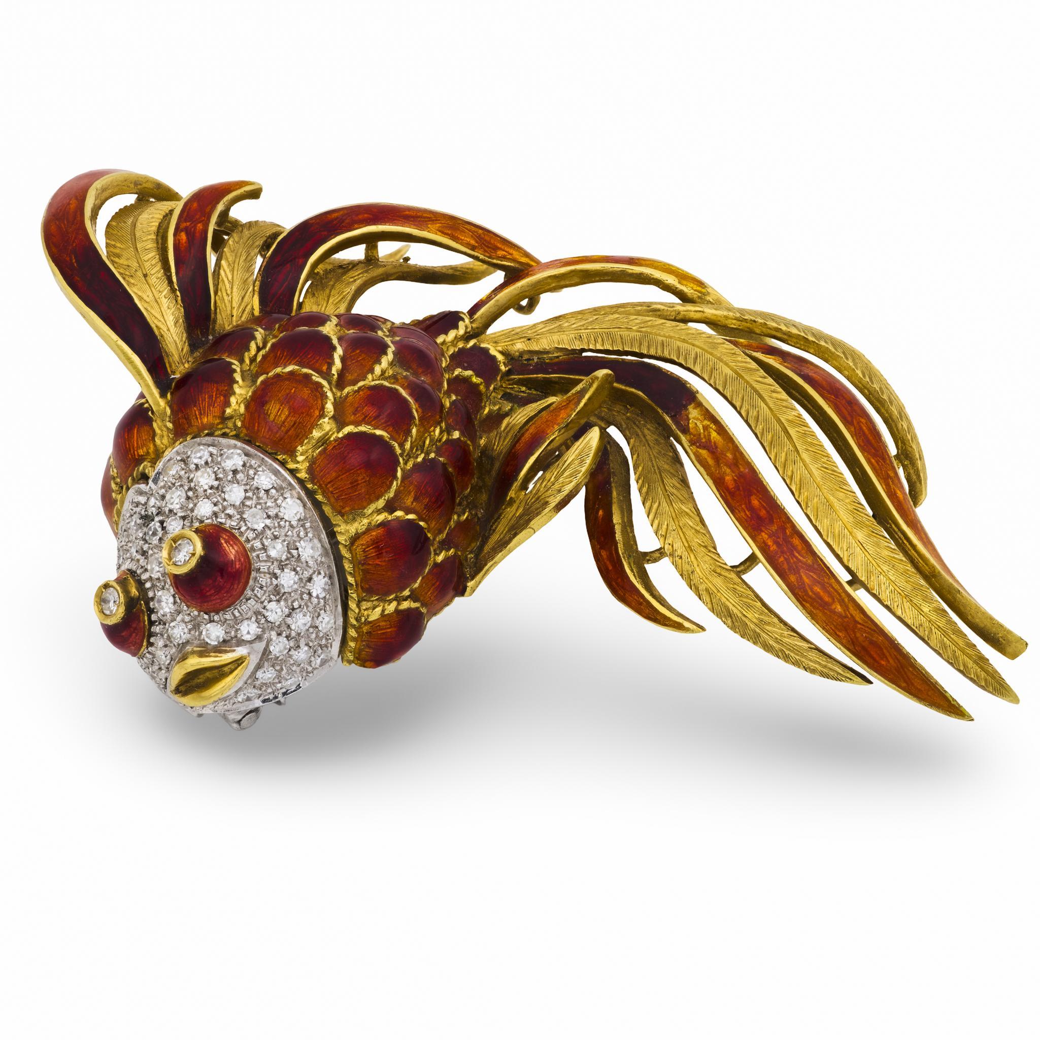Mid Century diamond 18k yellow gold and enamel giant fish brooch In Good Condition For Sale In Beverly Hills, CA