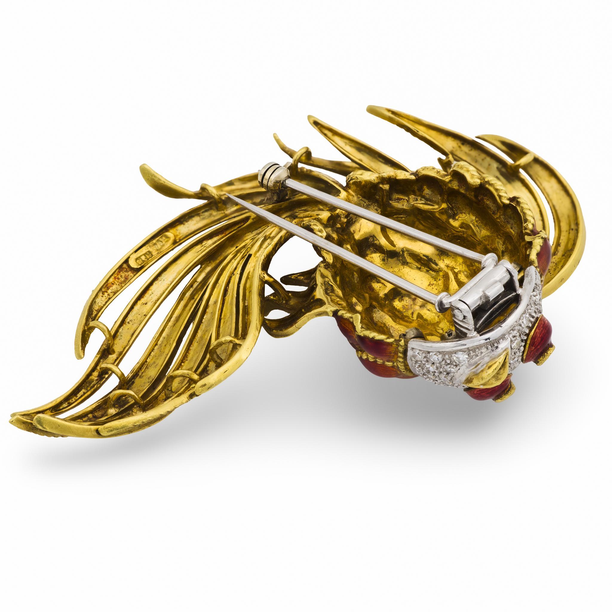 Mid Century diamond 18k yellow gold and enamel giant fish brooch For Sale 1