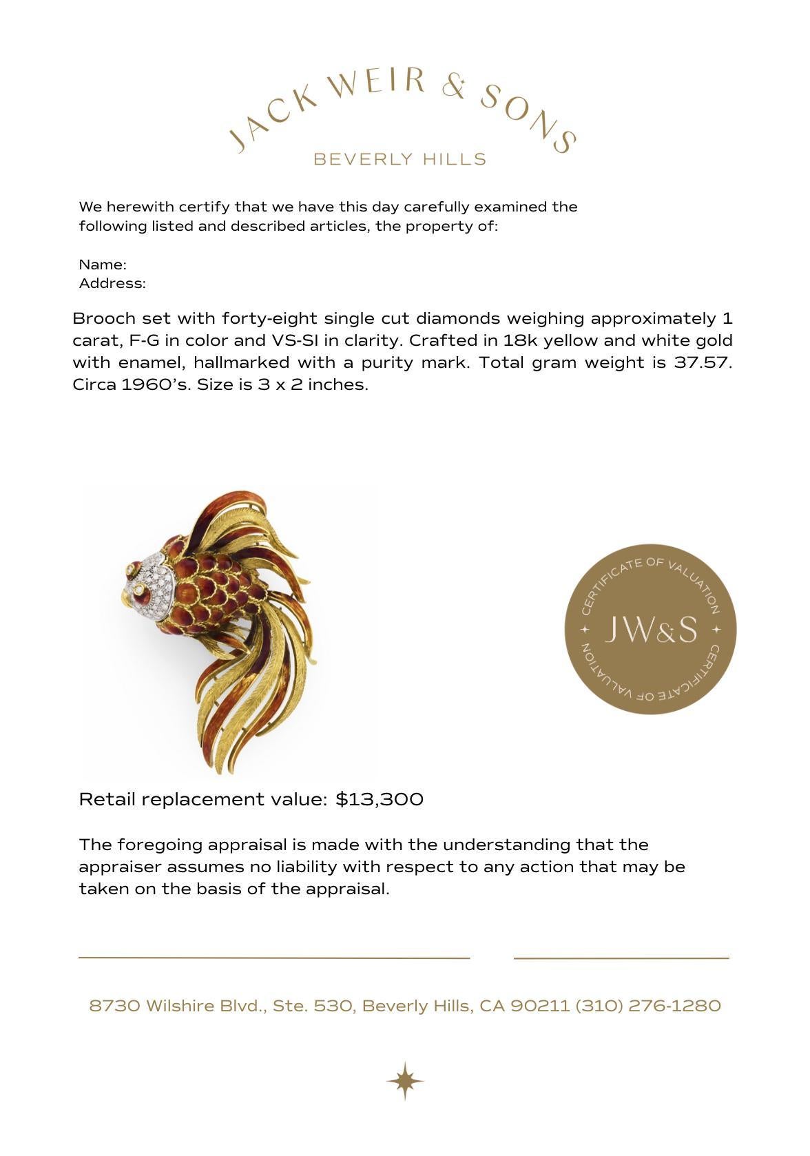 Mid Century diamond 18k yellow gold and enamel giant fish brooch For Sale 2