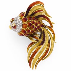 Mid Century diamond 18k yellow gold and enamel giant fish brooch