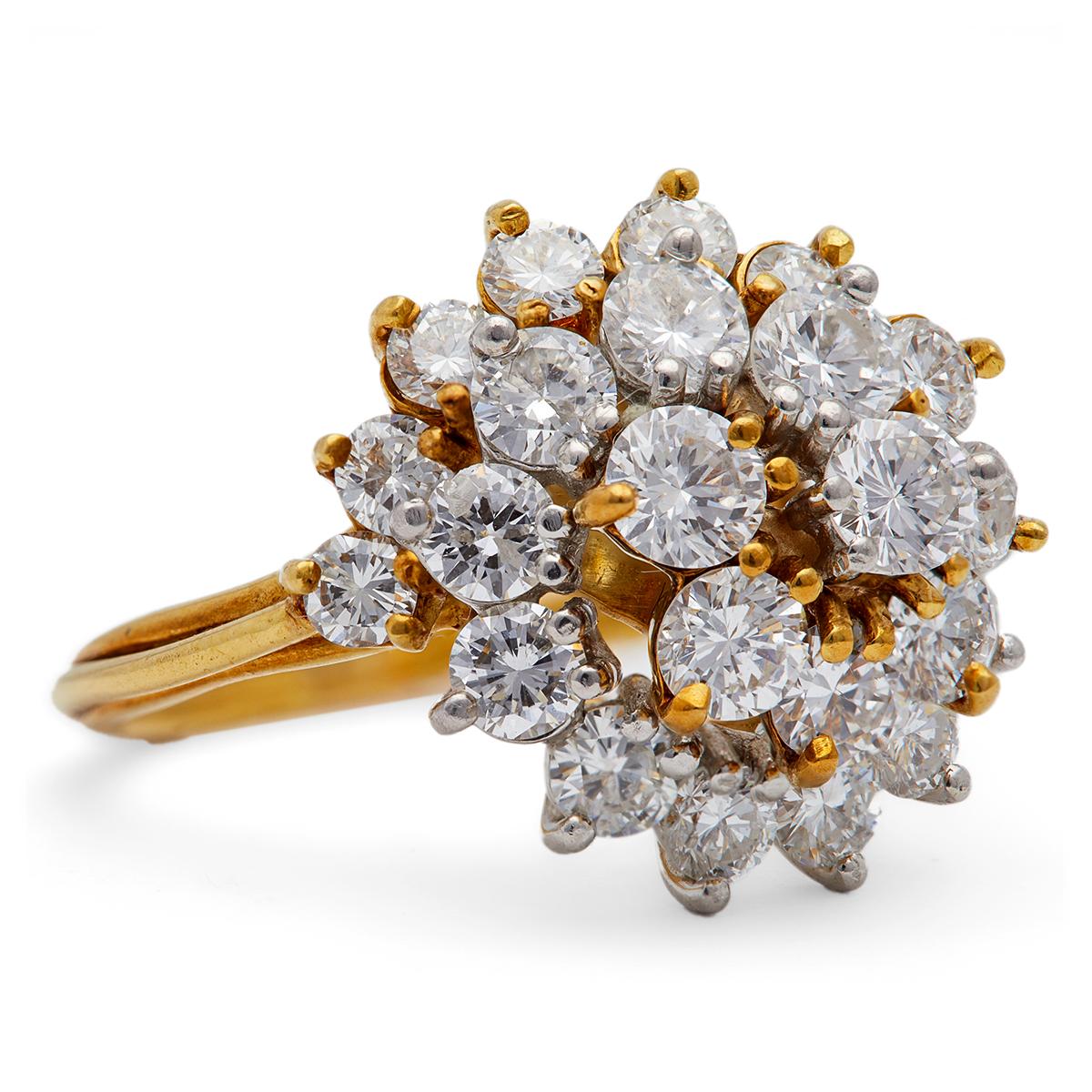 Women's or Men's Midcentury Diamond 18k Yellow Gold and Platinum Cocktail Ring