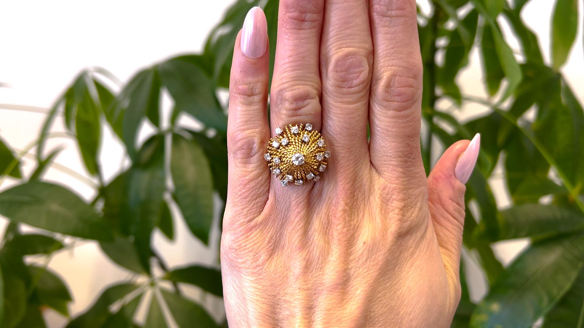 Brilliant Cut Mid Century Diamond 18k Yellow Gold Cocktail Ring For Sale