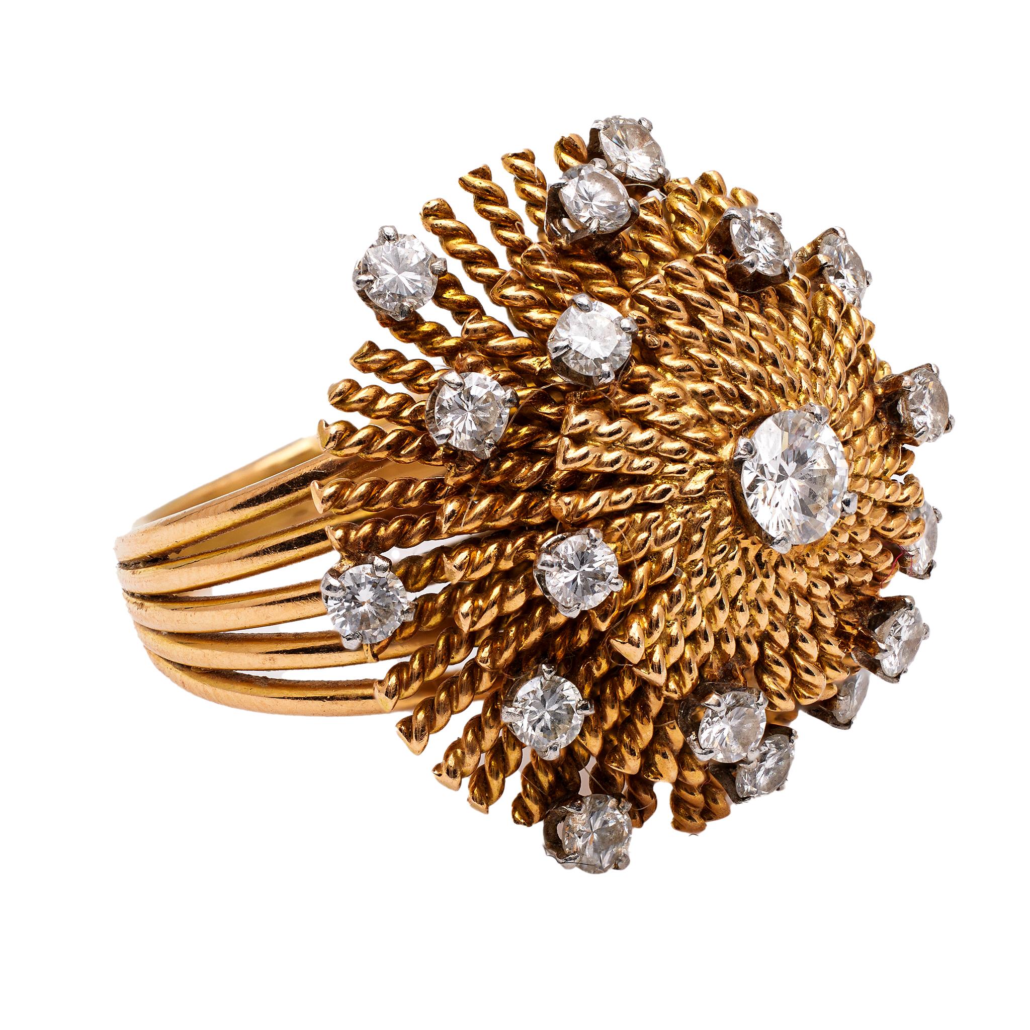 Women's or Men's Mid Century Diamond 18k Yellow Gold Cocktail Ring For Sale