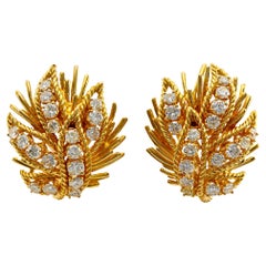 Mid Century Diamond 18k Yellow Gold Ear Clip Earrings