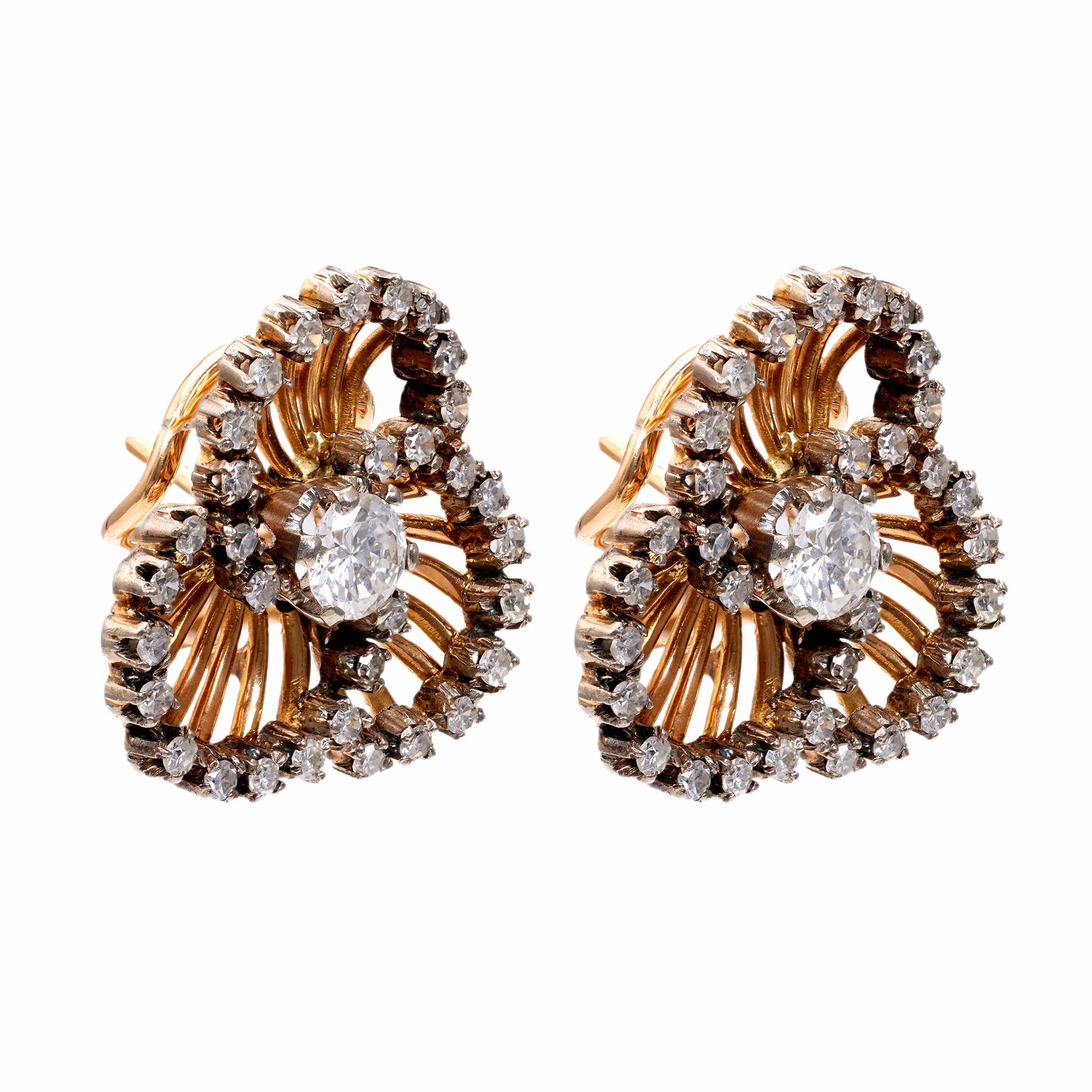 Women's or Men's Mid Century Diamond 18k Yellow Gold Earrings For Sale