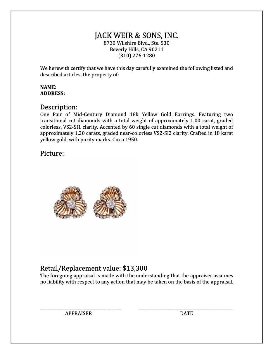 Mid Century Diamond 18k Yellow Gold Earrings For Sale 1