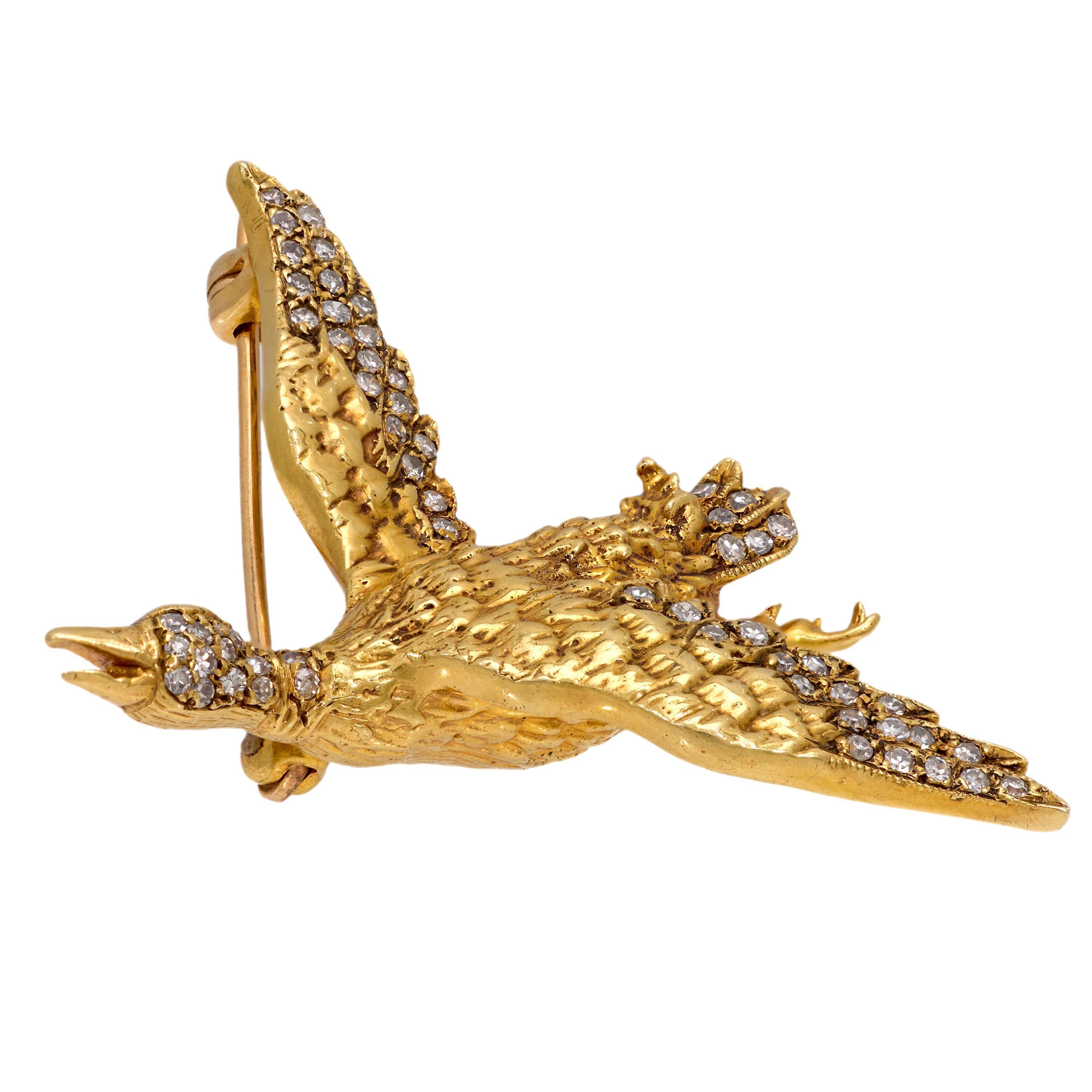 Single Cut Mid Century diamond 18k yellow gold goose brooch For Sale