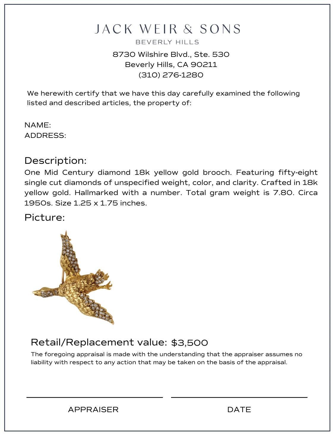 Women's Mid Century diamond 18k yellow gold goose brooch For Sale
