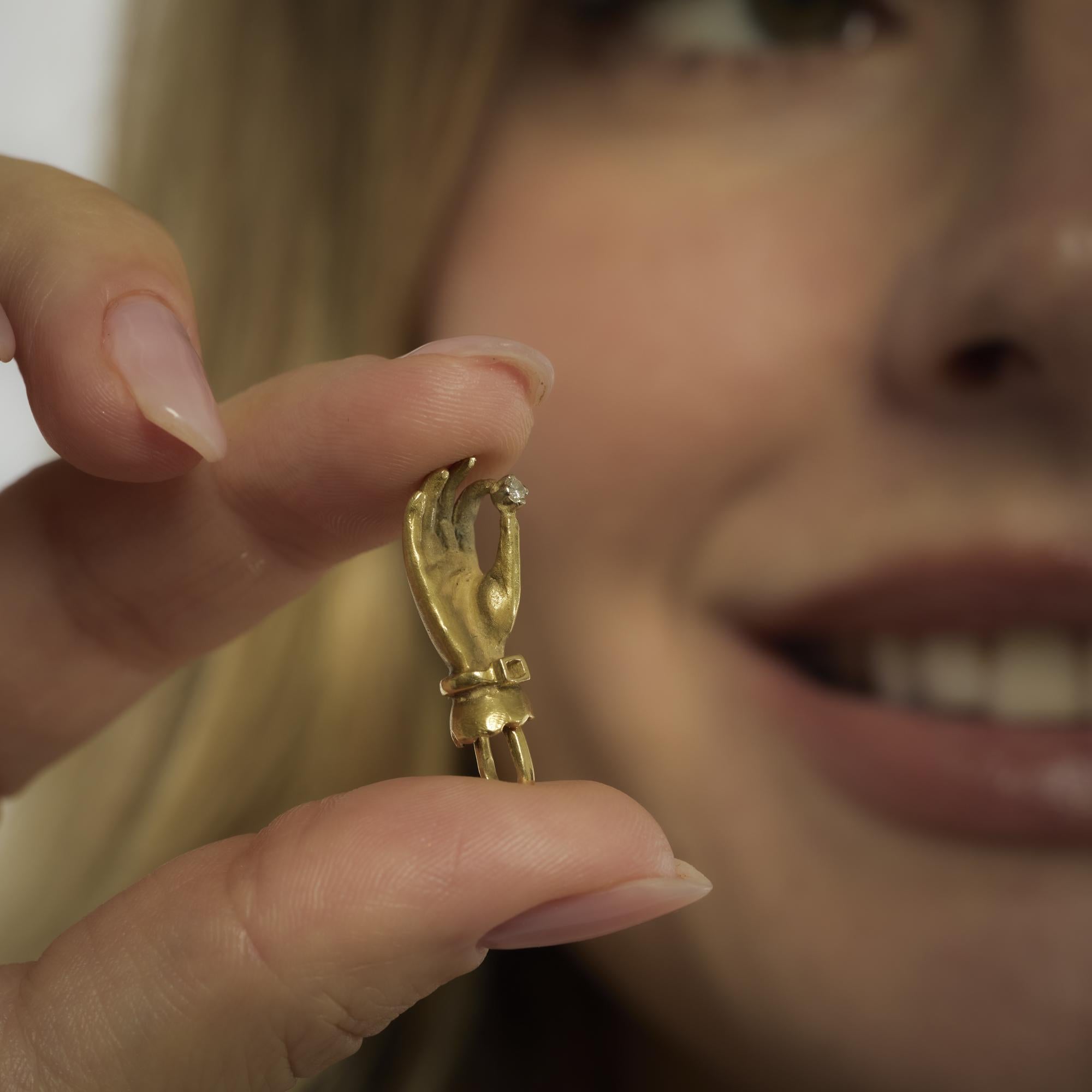 Brilliant Cut Mid Century diamond 18k yellow gold hand pendant For Sale