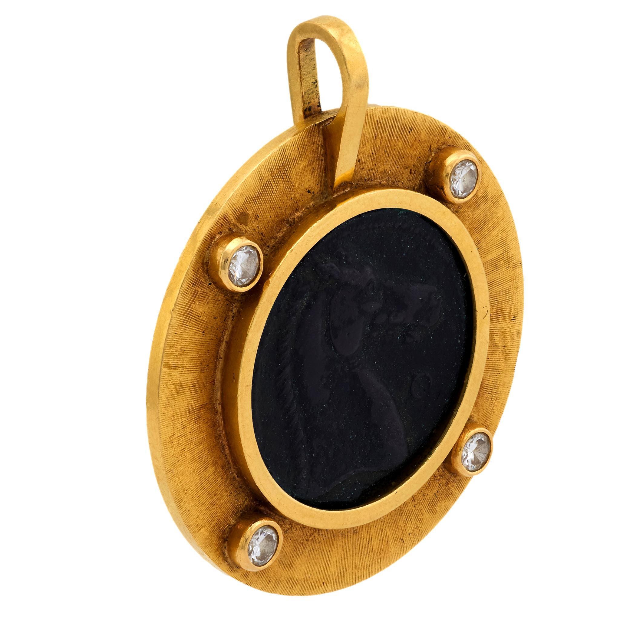 Contemporary Mid Century diamond 18k yellow gold horse coin pendant For Sale