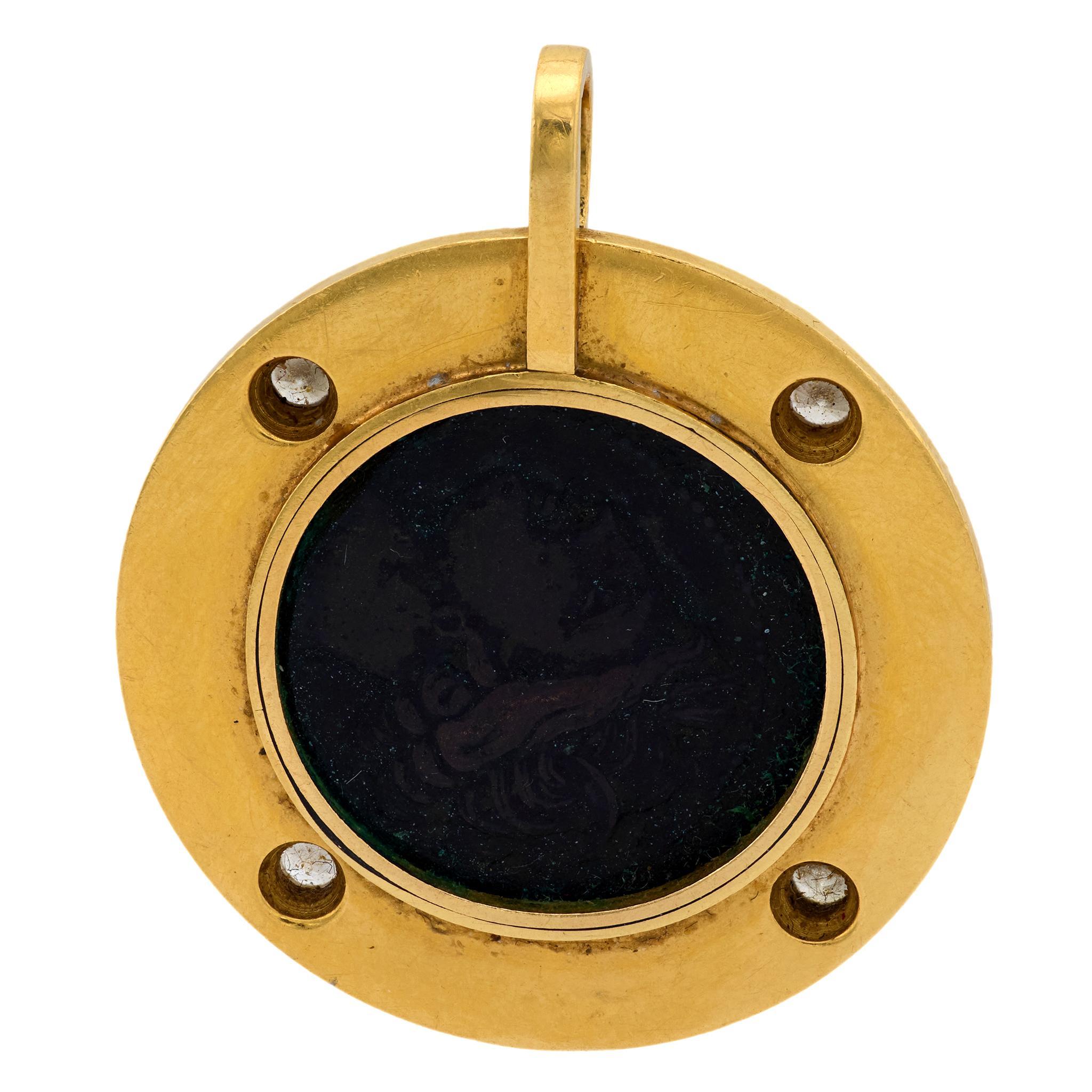 Brilliant Cut Mid Century diamond 18k yellow gold horse coin pendant For Sale