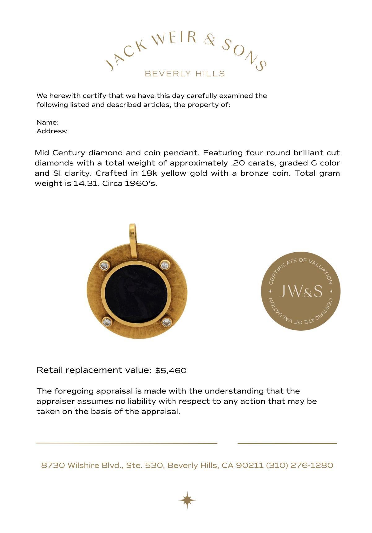 Mid Century diamond 18k yellow gold horse coin pendant In Good Condition For Sale In Beverly Hills, CA