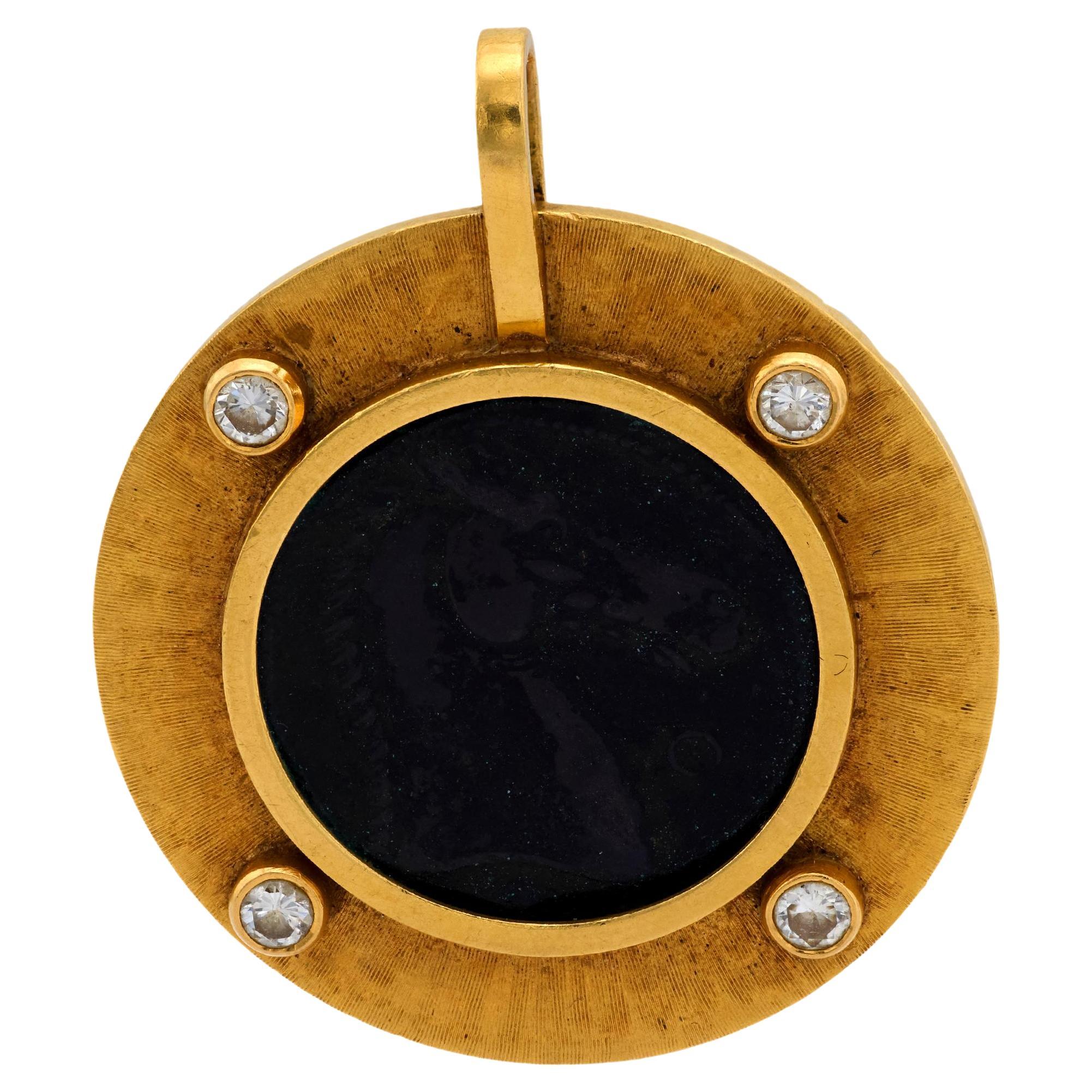 Mid Century diamond 18k yellow gold horse coin pendant For Sale