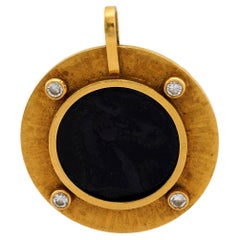 Mid Century diamond 18k yellow gold horse coin pendant