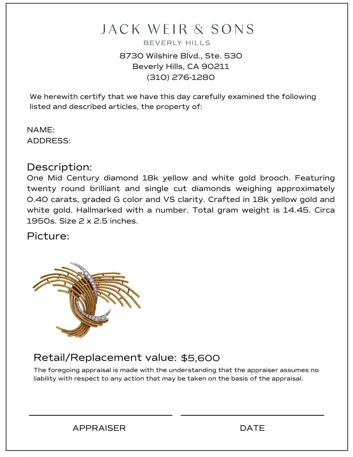 Mid Century diamond 18k yellow gold spray brooch In condizioni buone in vendita a Beverly Hills, CA