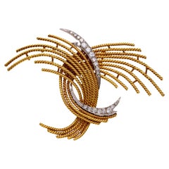 Mid Century diamond 18k yellow gold spray brooch
