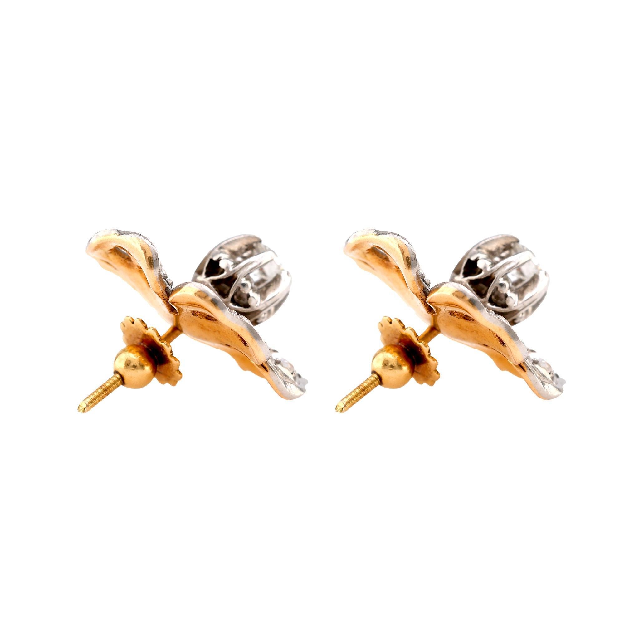 Brilliant Cut Mid-Century Diamond 18K Yellow White Gold Flower Studs For Sale