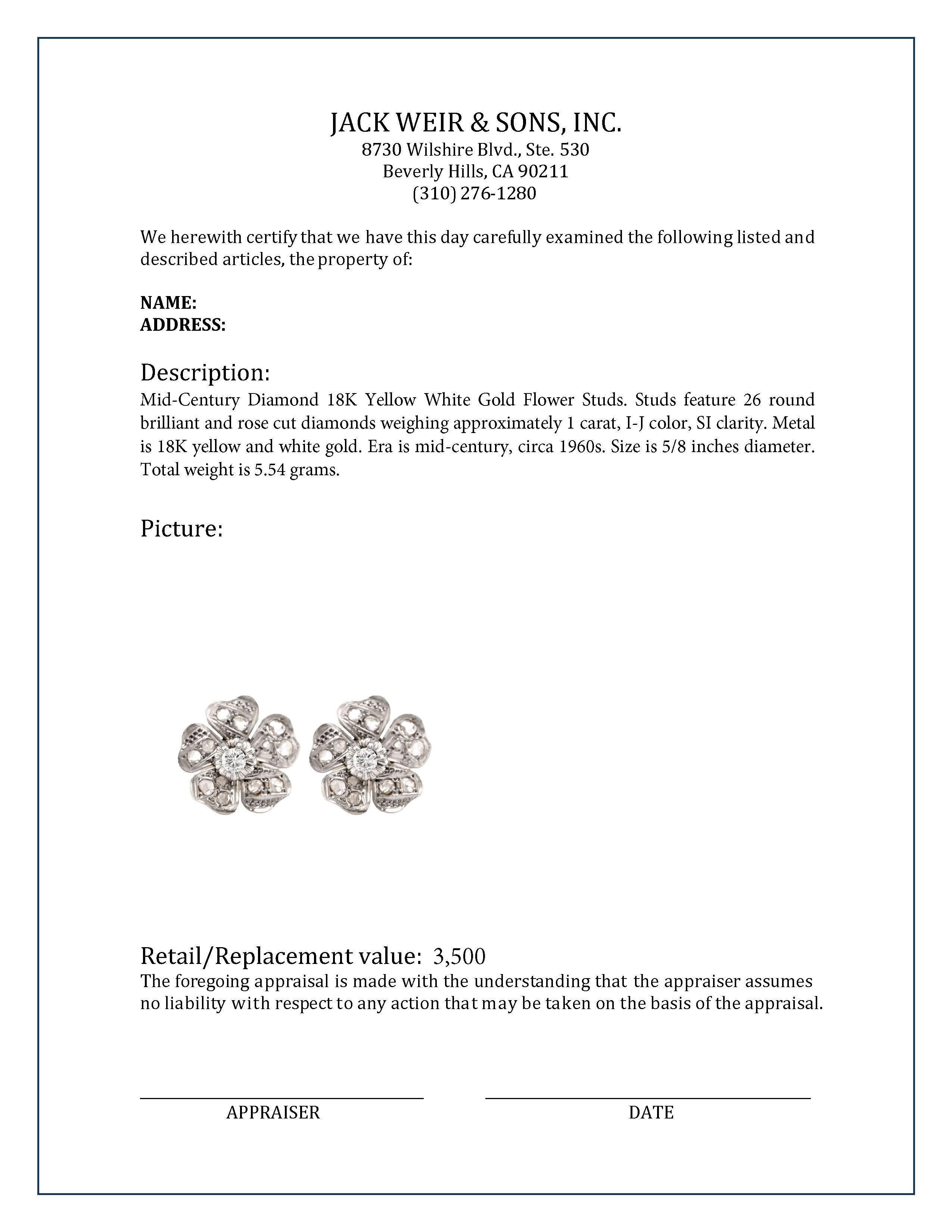 Women's or Men's Mid-Century Diamond 18K Yellow White Gold Flower Studs For Sale