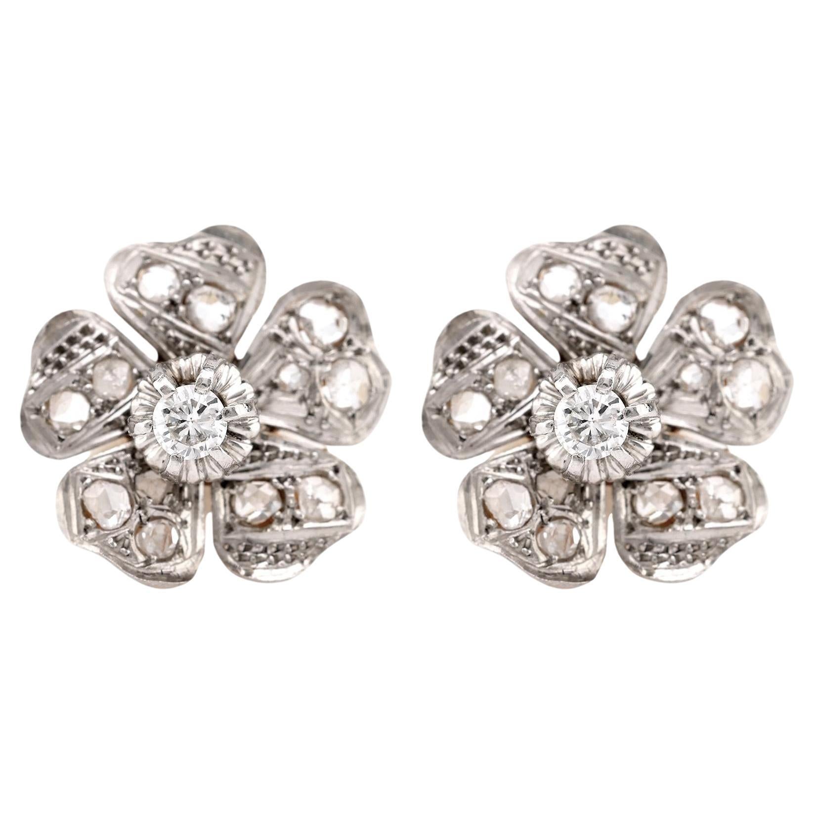 Mid-Century Diamond 18K Yellow White Gold Flower Studs For Sale