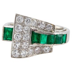 Mid Century Diamond and Emerald 14k White Gold Buckle Cocktail Ring