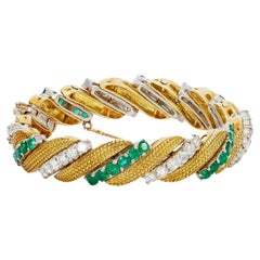 Mid Century Diamond and Emerald 18k Yellow Gold Platinum Bracelet
