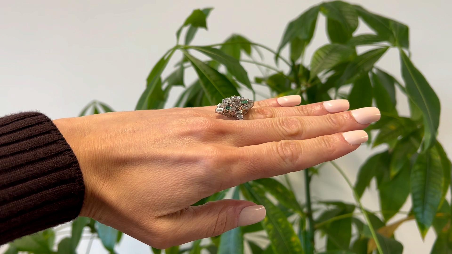 Mid Century Diamond and Emerald Platinum Cocktail Ring In Good Condition In Beverly Hills, CA
