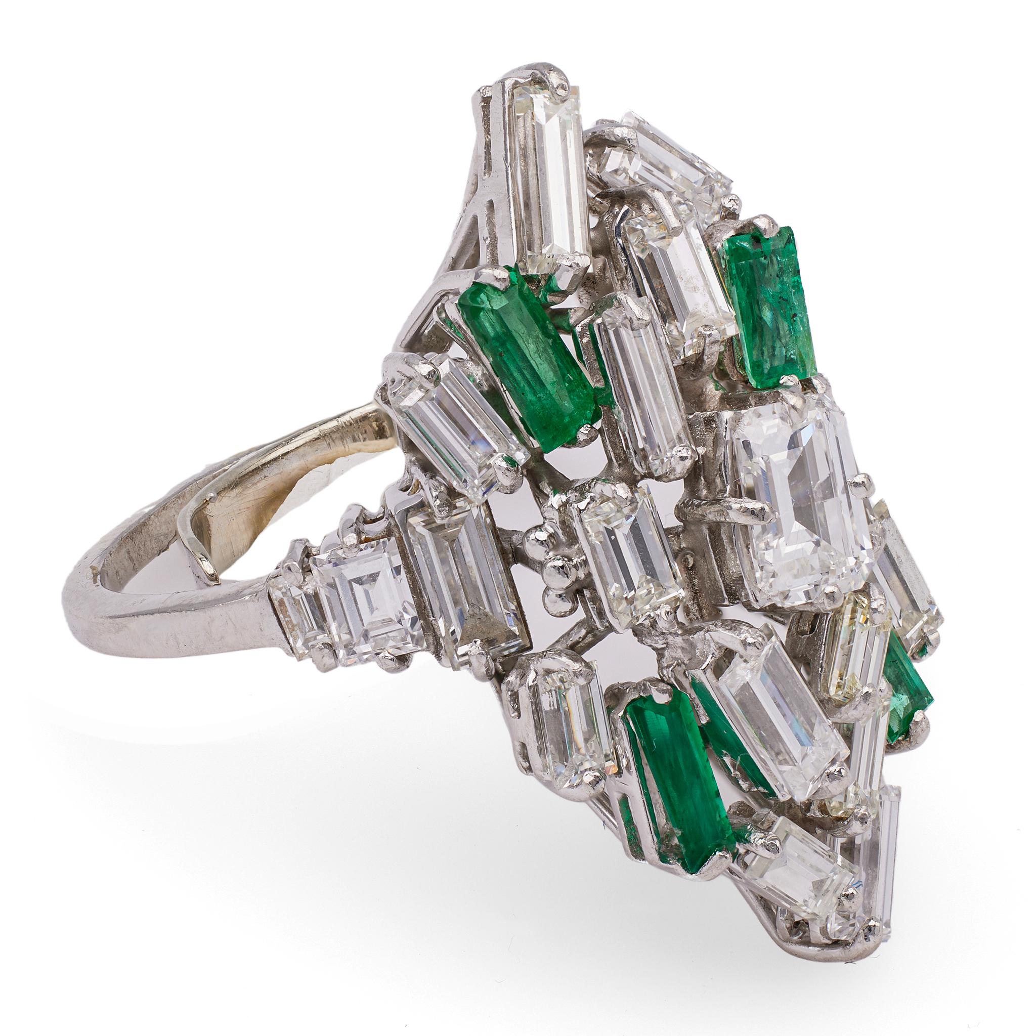 Women's or Men's Mid Century Diamond and Emerald Platinum Cocktail Ring