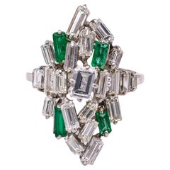Mid Century Diamond and Emerald Platinum Cocktail Ring