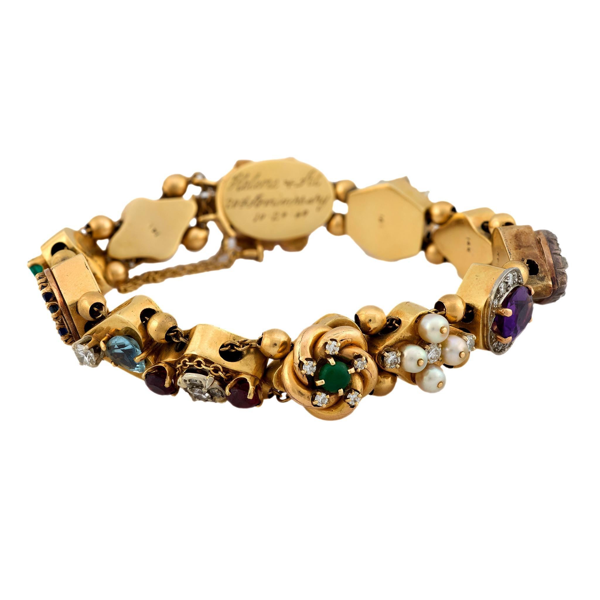 Moderne Bracelet mi-siècle en or jaune 14k avec diamants et pierres précieuses en vente