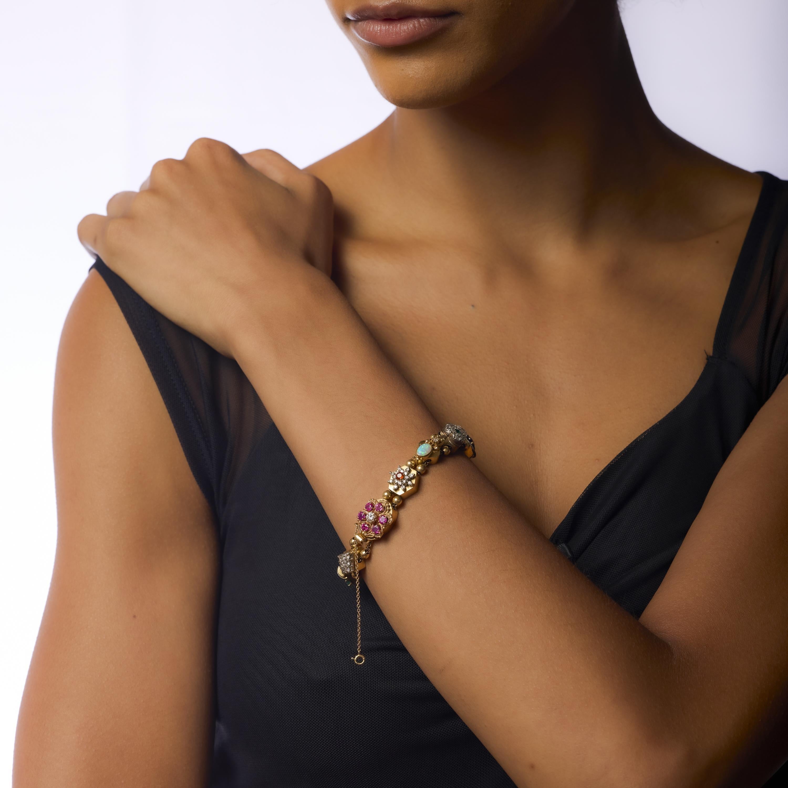 Bracelet mi-siècle en or jaune 14k avec diamants et pierres précieuses Pour femmes en vente