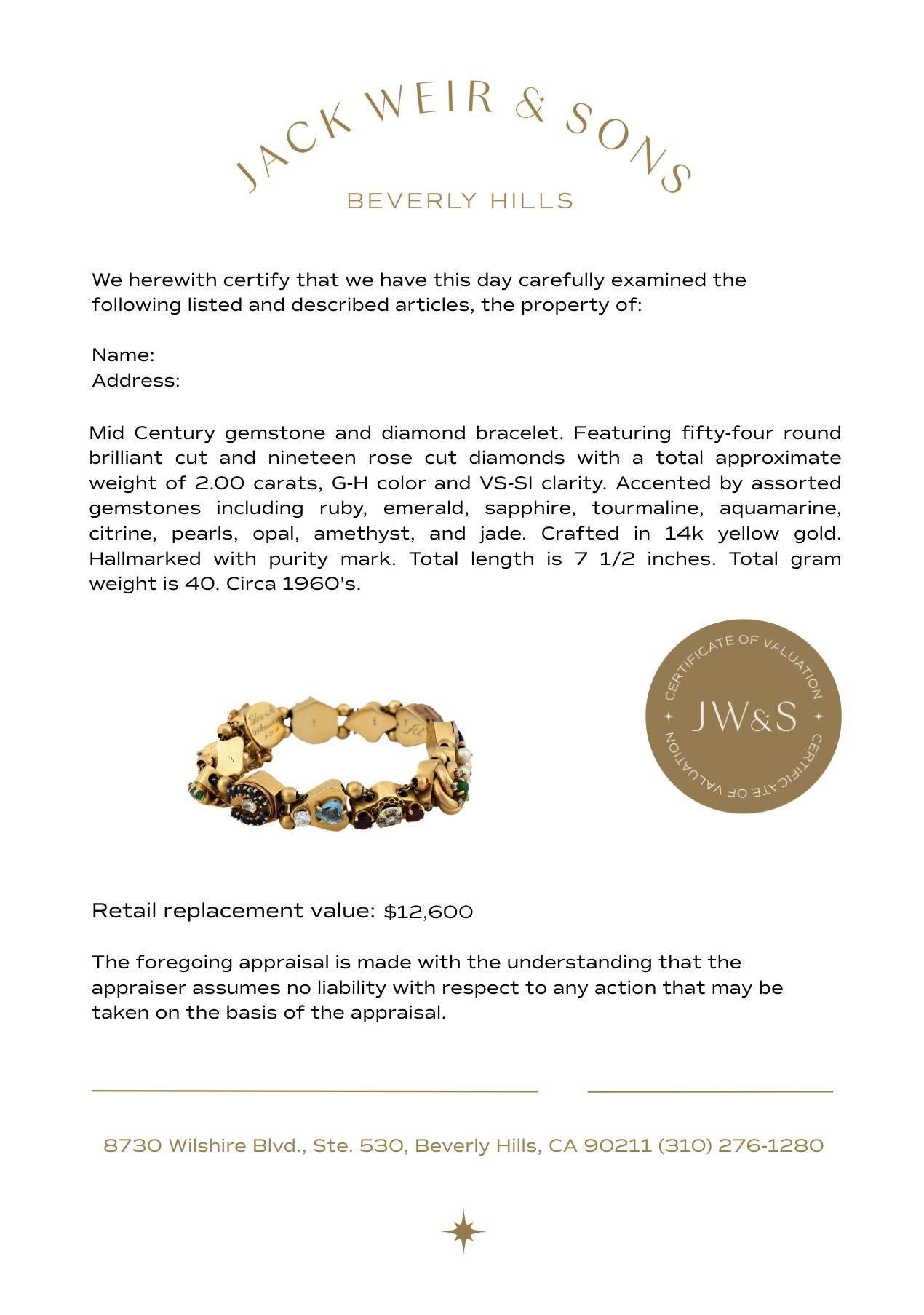 Bracelet mi-siècle en or jaune 14k avec diamants et pierres précieuses en vente 1
